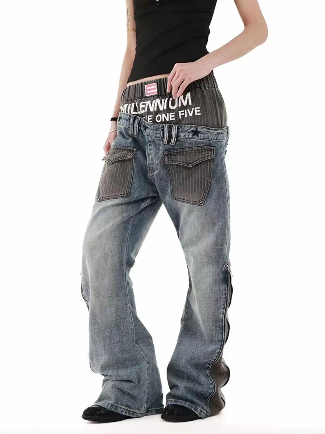 DETW | Double Waist Diagonal Spliced Striped Print Jeans