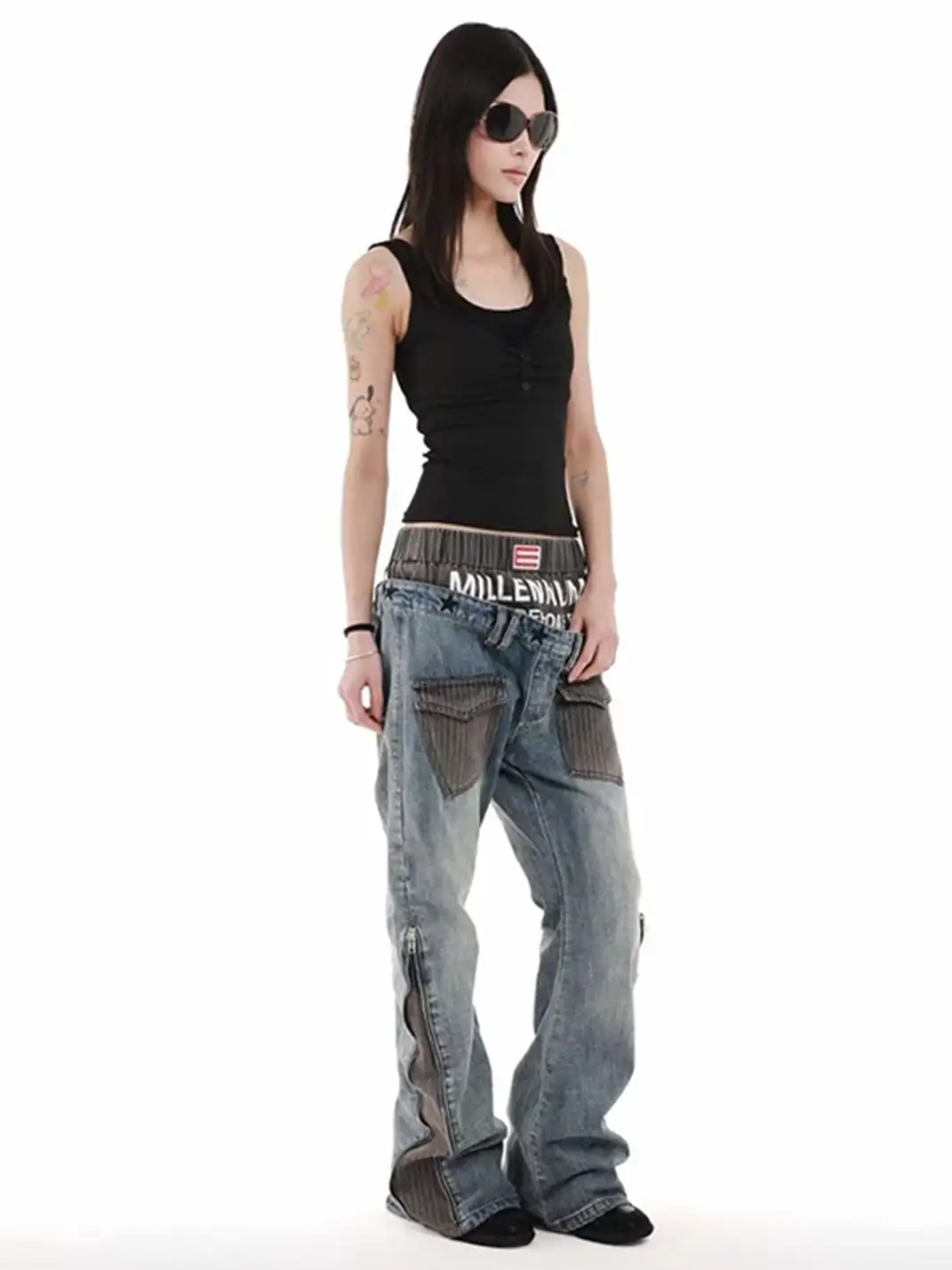 DETW | Double Waist Diagonal Spliced Striped Print Jeans