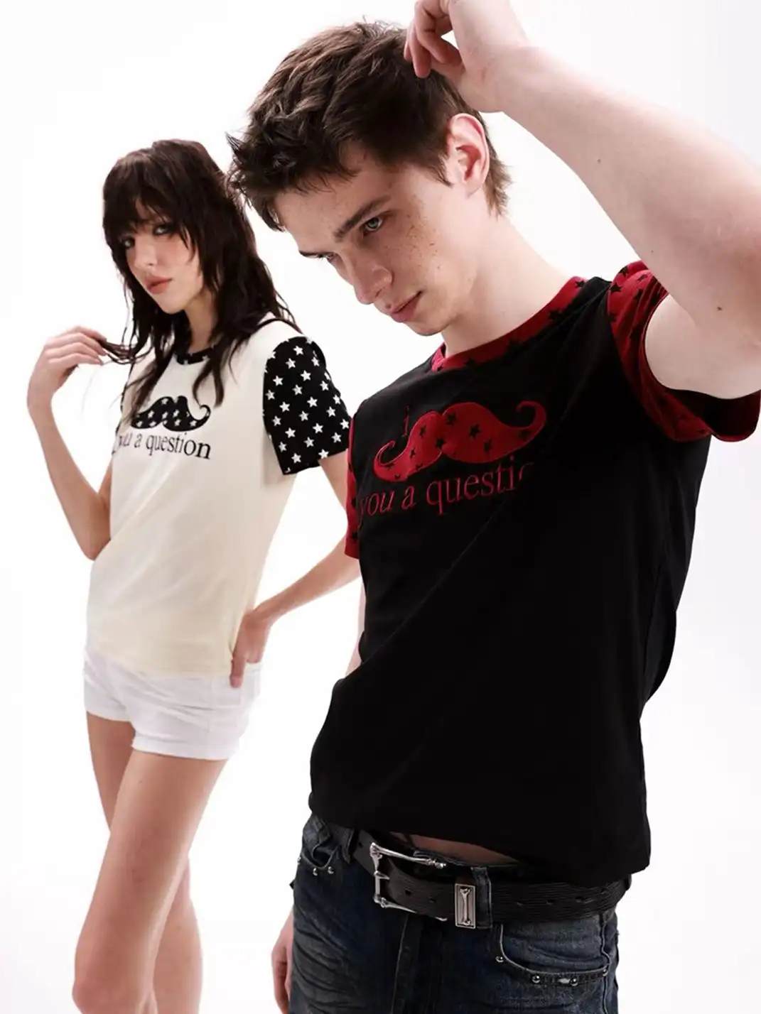 DETW | Mustache Patch Slogan Spliced T-Shirt