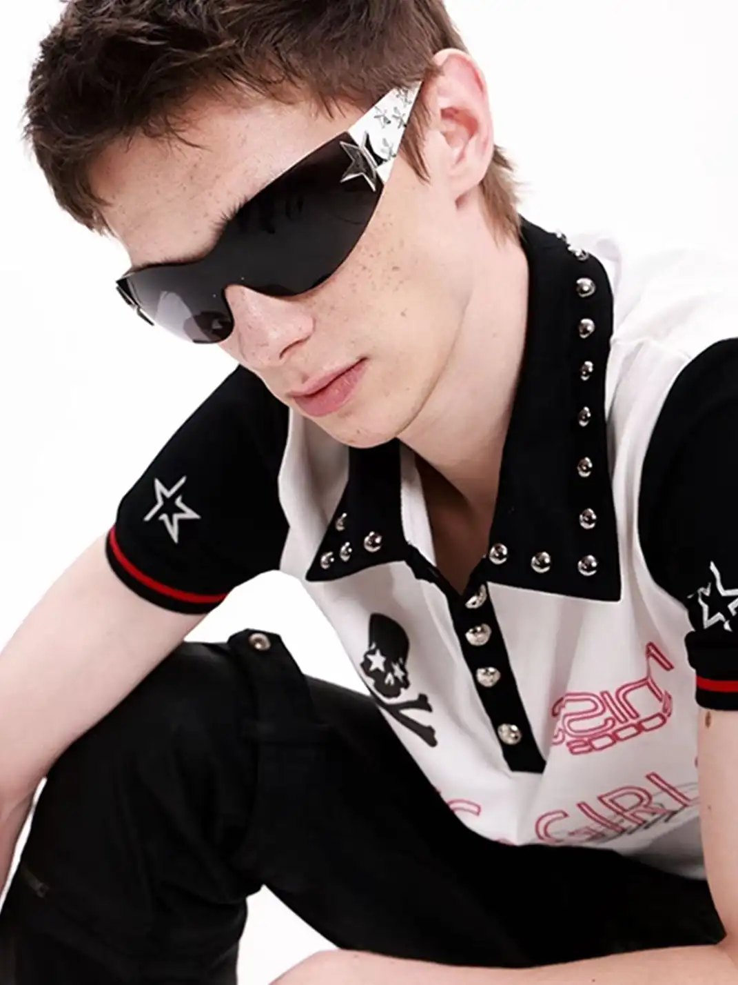 DETW | Skull Color Contrast Jersey Hand Beaded Print Polo Shirt