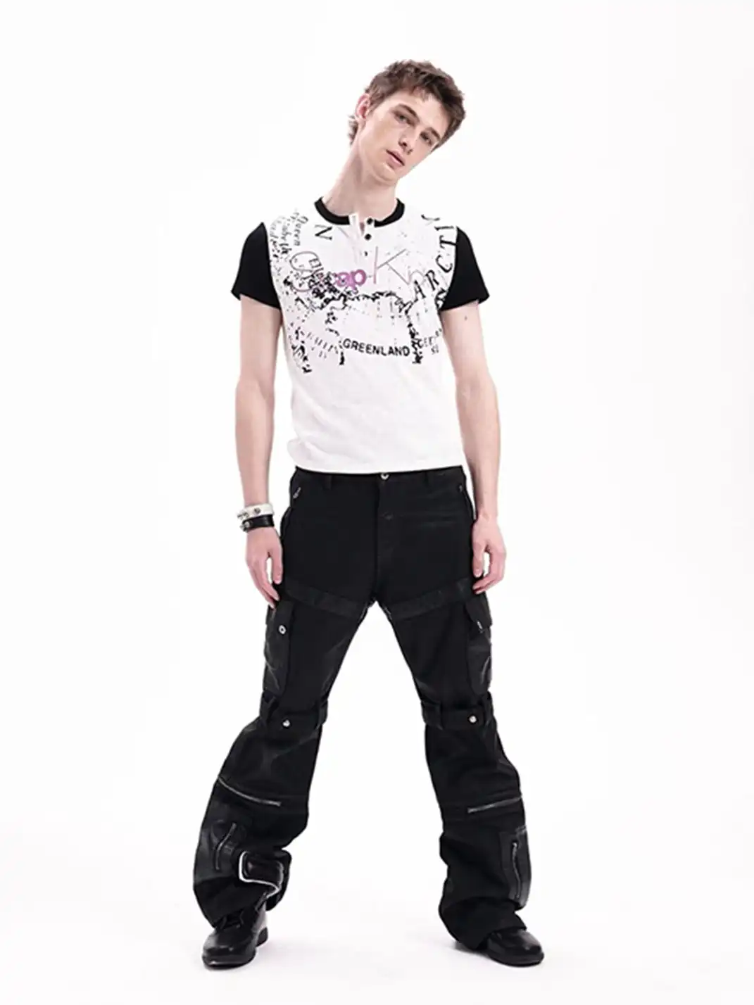 DETW | Printed Spliced Henley Neck T-Shirt