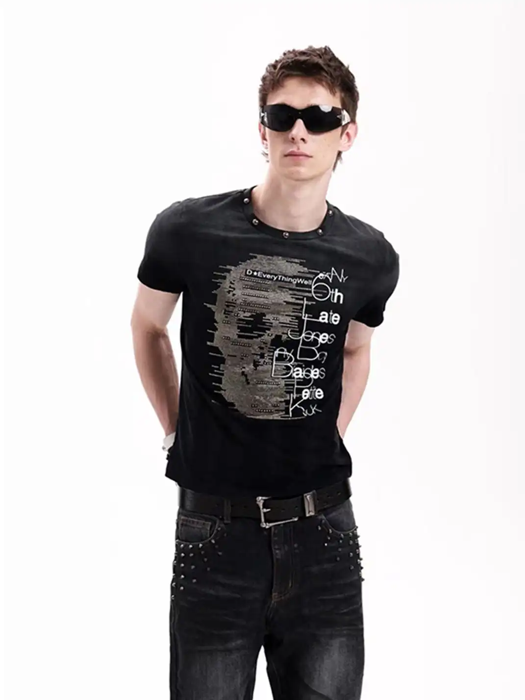 DETW | Heavy Wash Hand Beaded & Rhinestone Print T-Shirt