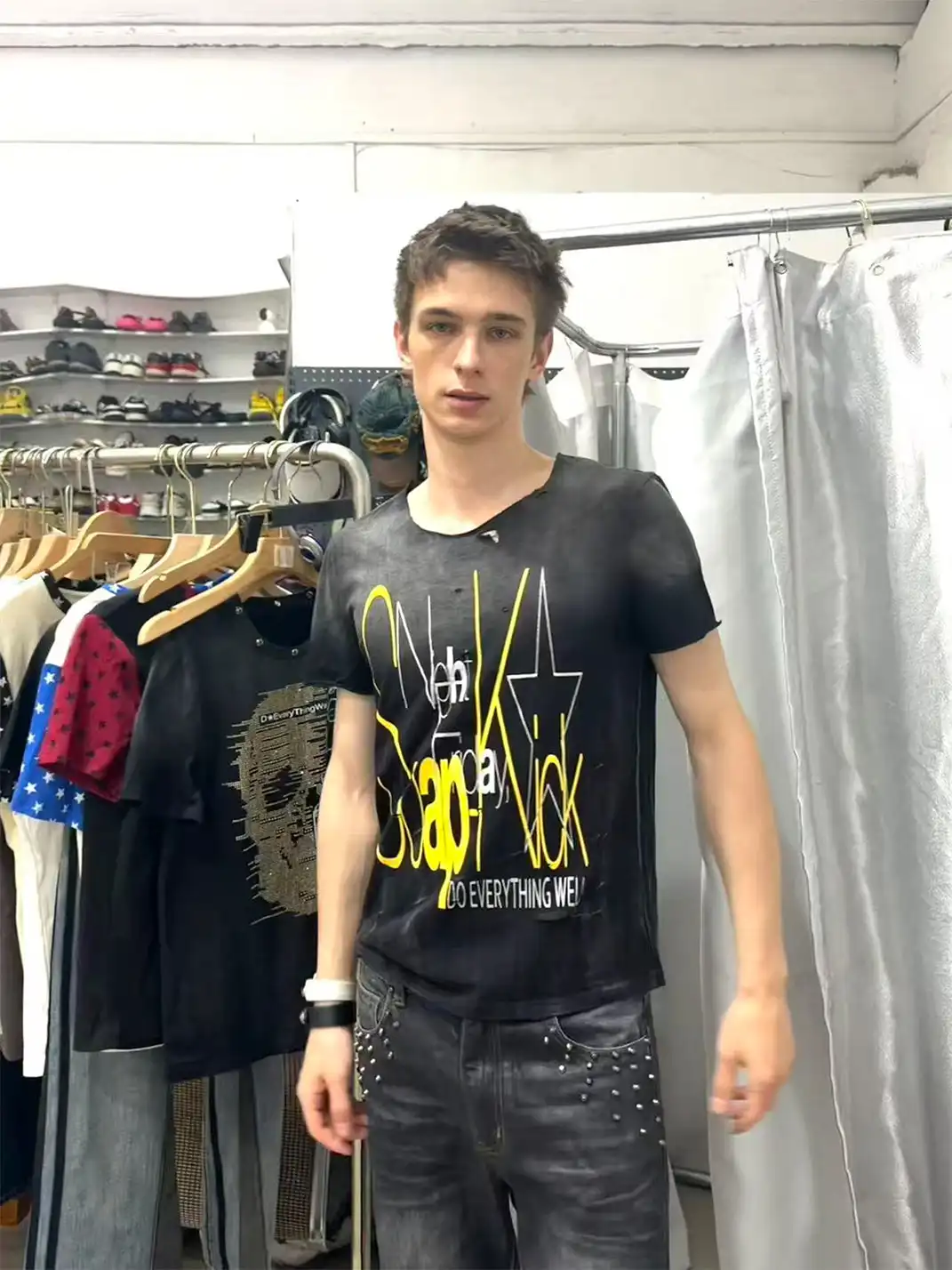 DETW | Silver Glitter Print Washed Destroyed Rolled Hem T-Shirt