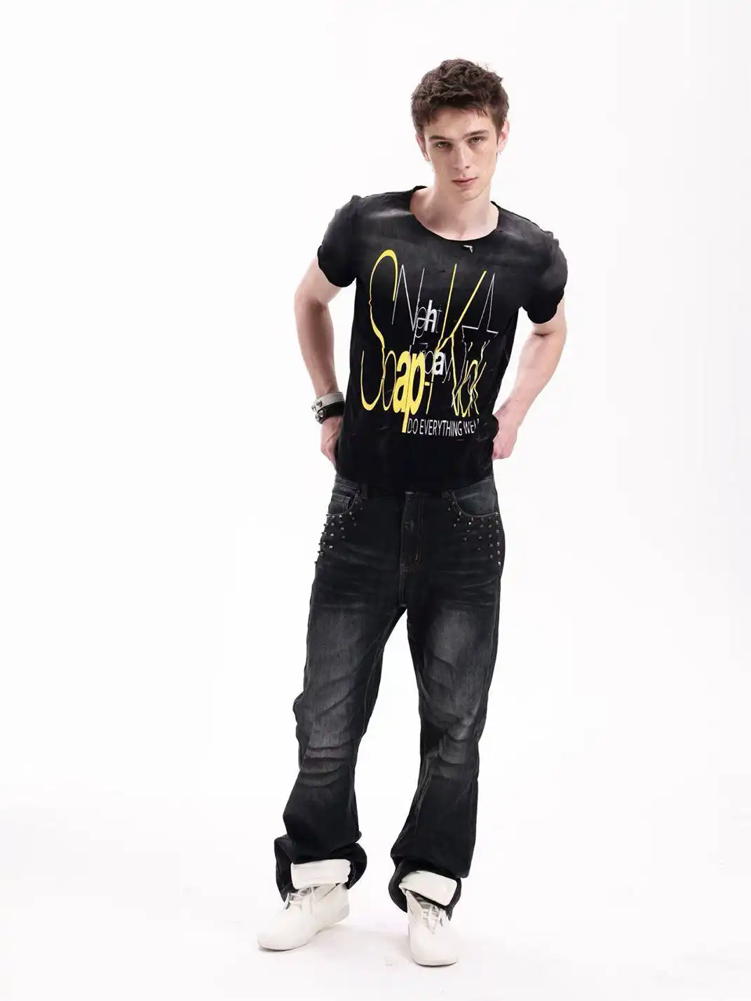 DETW | Silver Glitter Print Washed Destroyed Rolled Hem T-Shirt