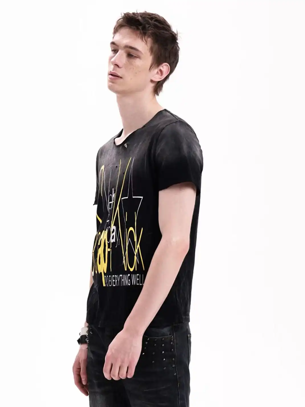 DETW | Silver Glitter Print Washed Destroyed Rolled Hem T-Shirt