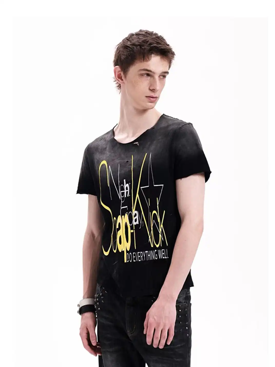 DETW | Silver Glitter Print Washed Destroyed Rolled Hem T-Shirt
