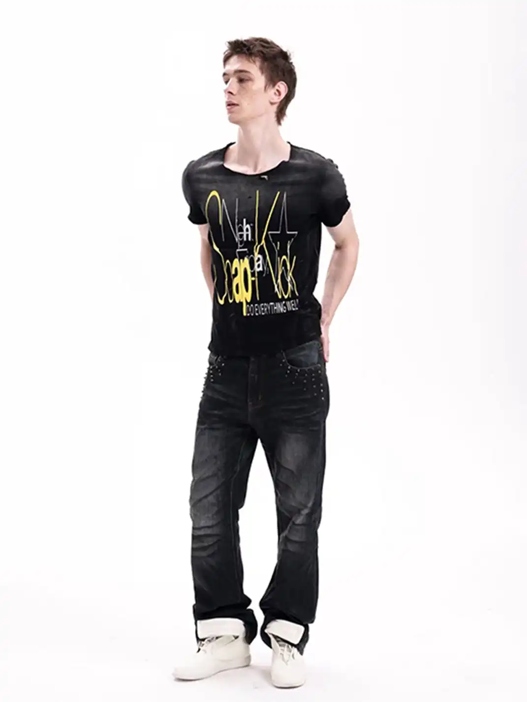 DETW | Silver Glitter Print Washed Destroyed Rolled Hem T-Shirt