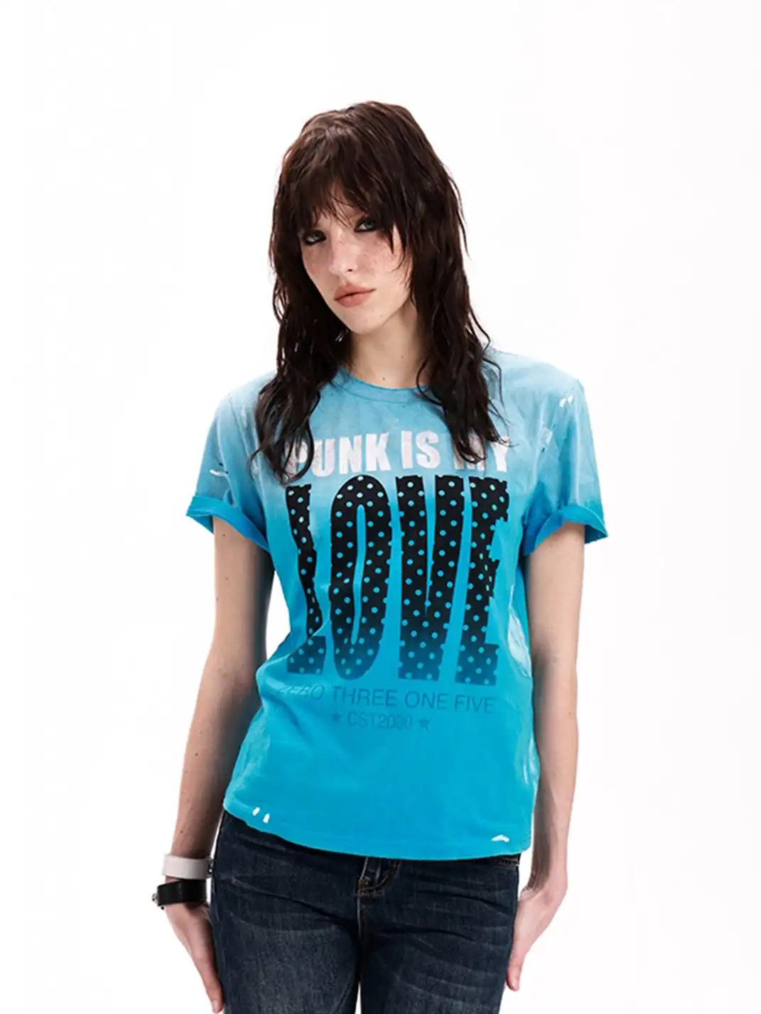 DETW | Gradient Polka Dot LOVE Slogan Destroyed Rolled Hem T-Shirt