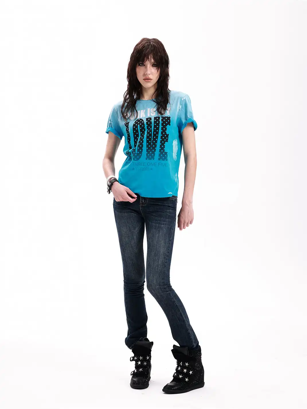 DETW | Gradient Polka Dot LOVE Slogan Destroyed Rolled Hem T-Shirt