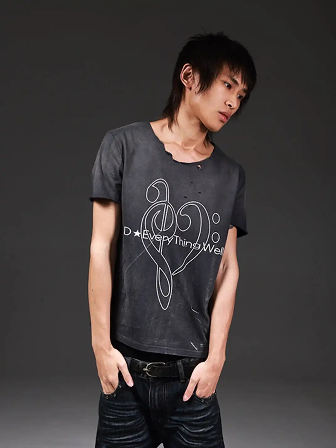 DETW | Heavy Wash Destroyed Cut Irregular Neck T-Shirt