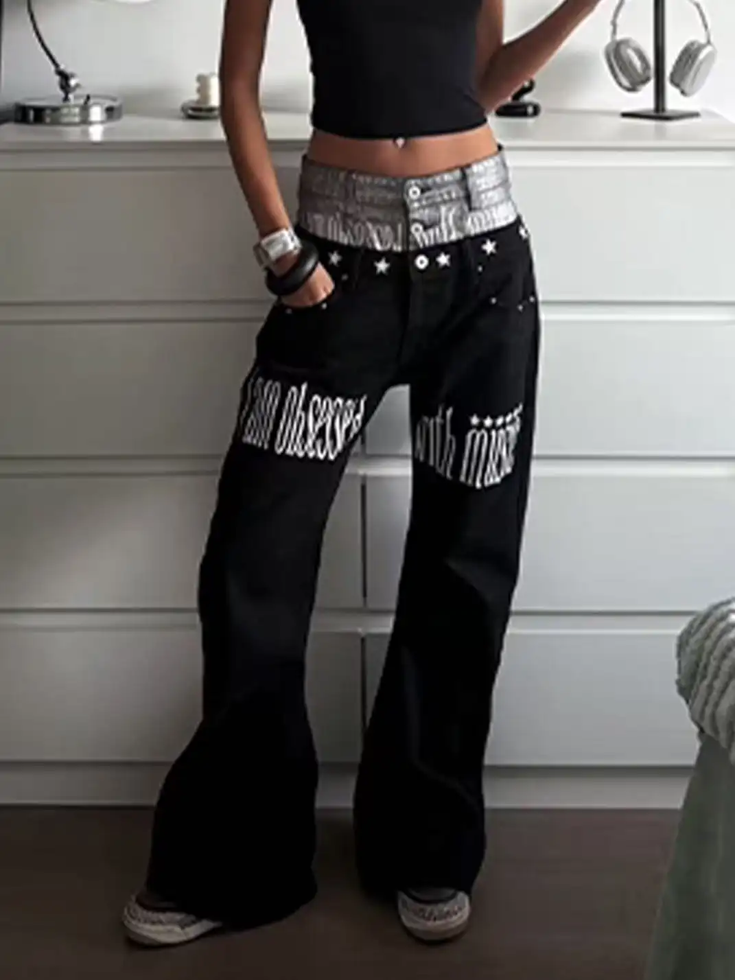 DETW | Dual Waist Spliced Stacked Fun Slogan Jeans