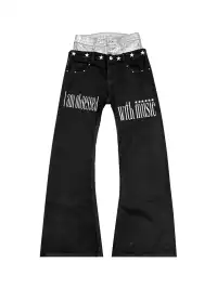 DETW | Dual Waist Spliced Stacked Fun Slogan Jeans