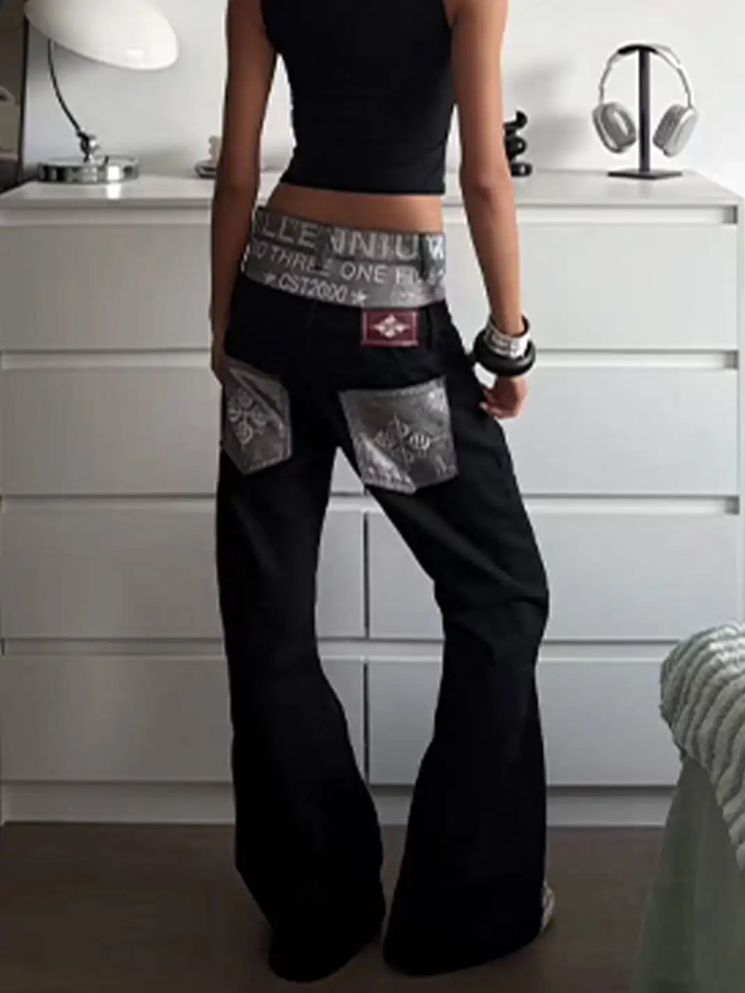 DETW | Dual Waist Spliced Stacked Fun Slogan Jeans