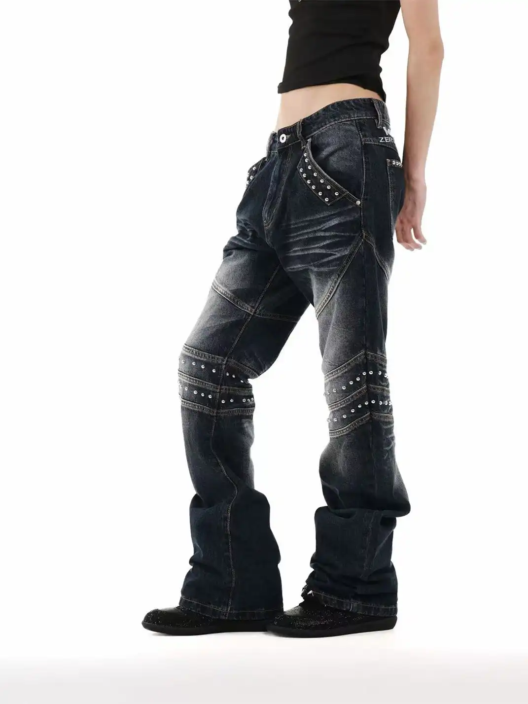 DETW | Deconstructed 3D Embroidered Rivet Flared Jeans