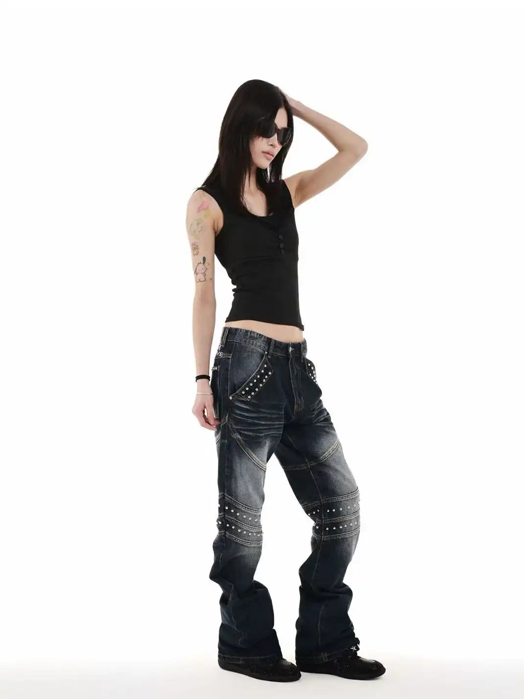 DETW | Deconstructed 3D Embroidered Rivet Flared Jeans