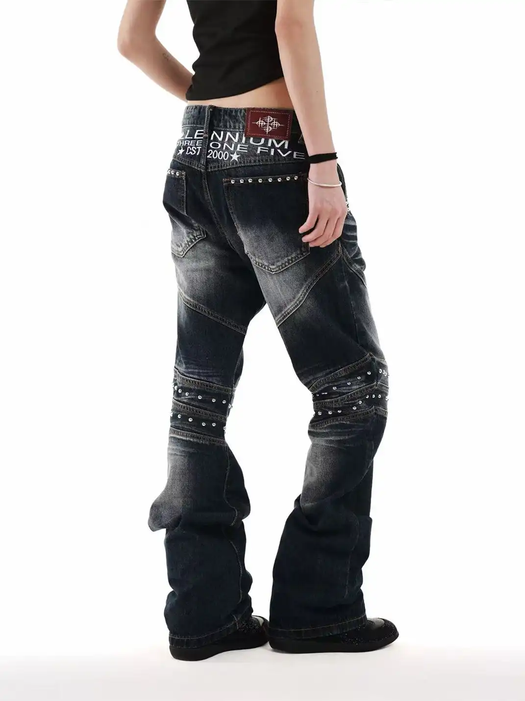DETW | Deconstructed 3D Embroidered Rivet Flared Jeans