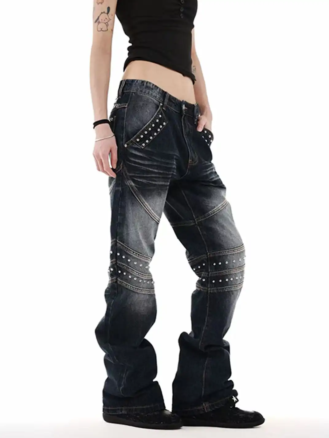 DETW | Deconstructed 3D Embroidered Rivet Flared Jeans
