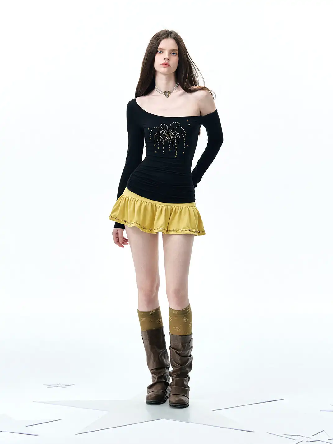 NECYSTUDIO | Suede Sequin Ruffled Midi Skirt