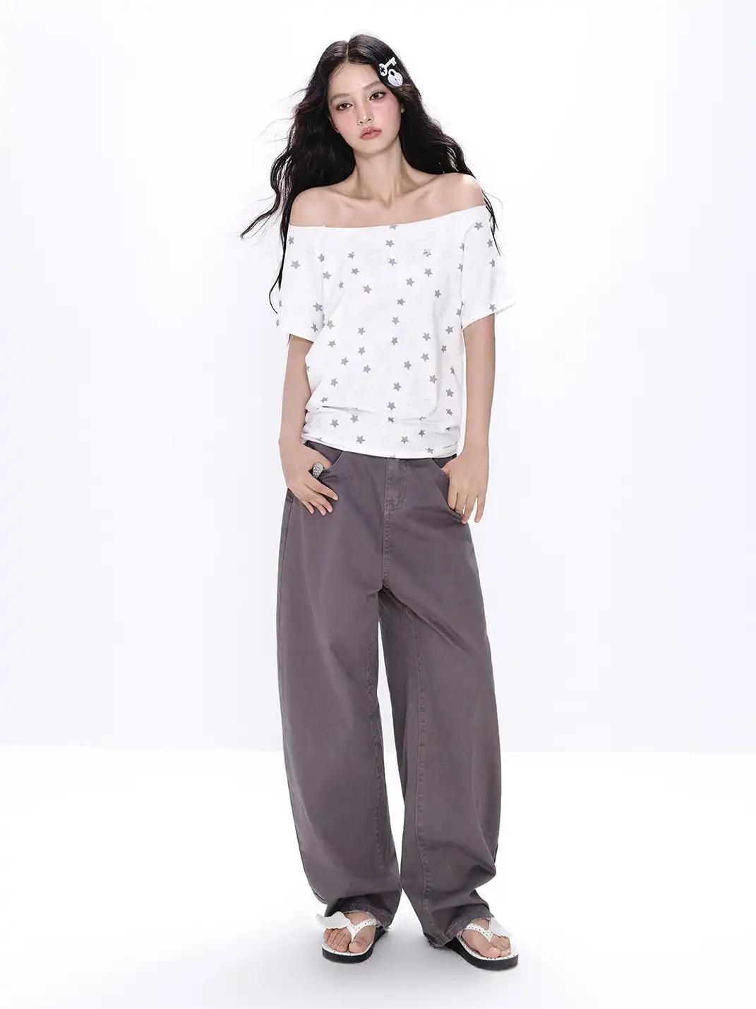 NECYSTUDIO | Allover Star Print Off-the-Shoulder Short Sleeve Top