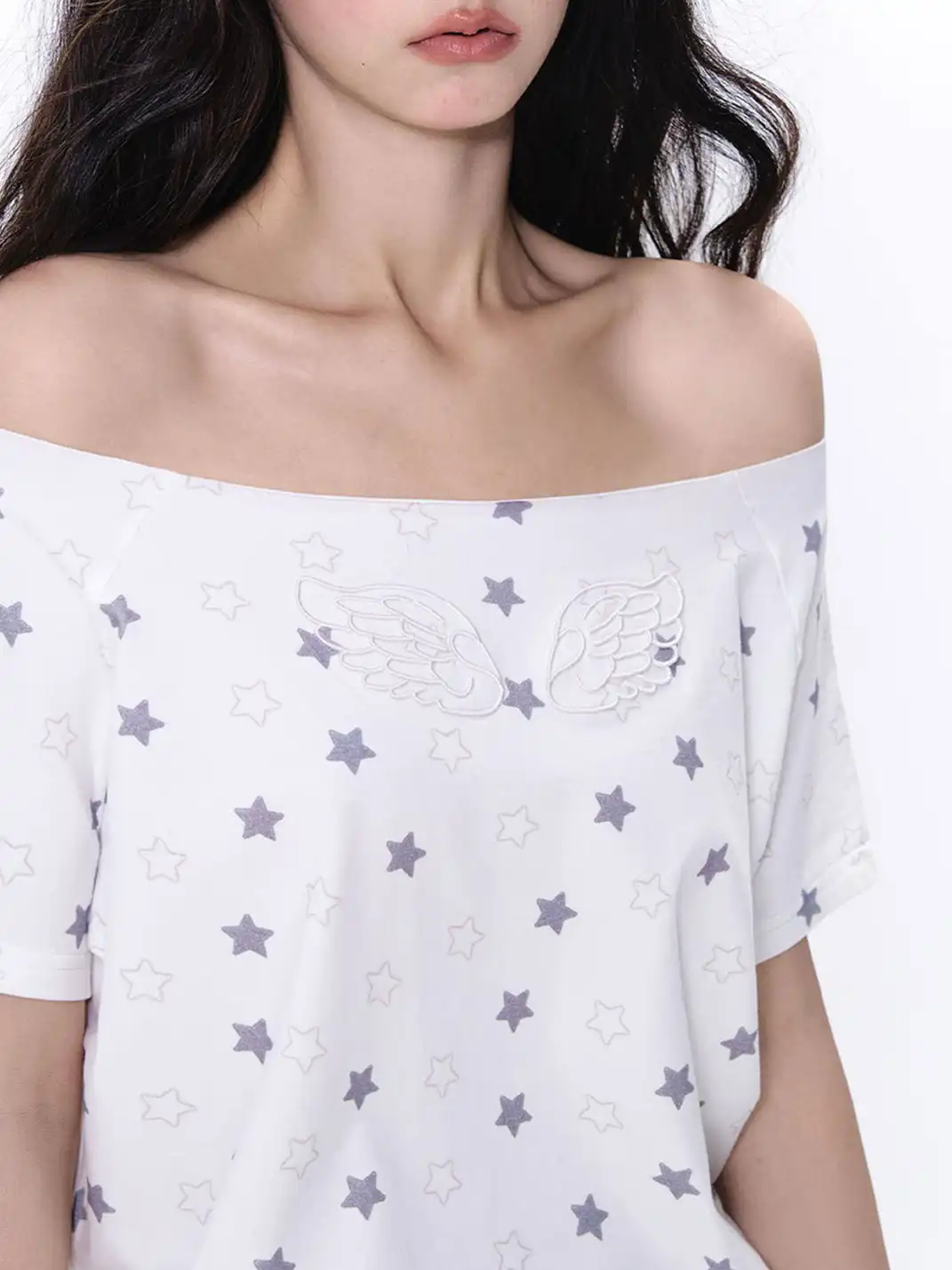 NECYSTUDIO | Allover Star Print Off-the-Shoulder Short Sleeve Top