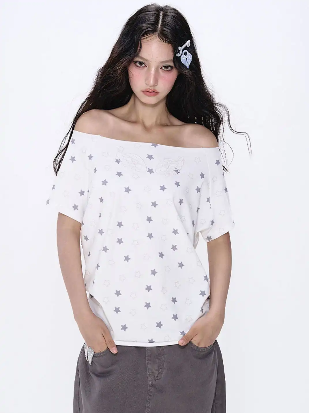 NECYSTUDIO | Allover Star Print Off-the-Shoulder Short Sleeve Top