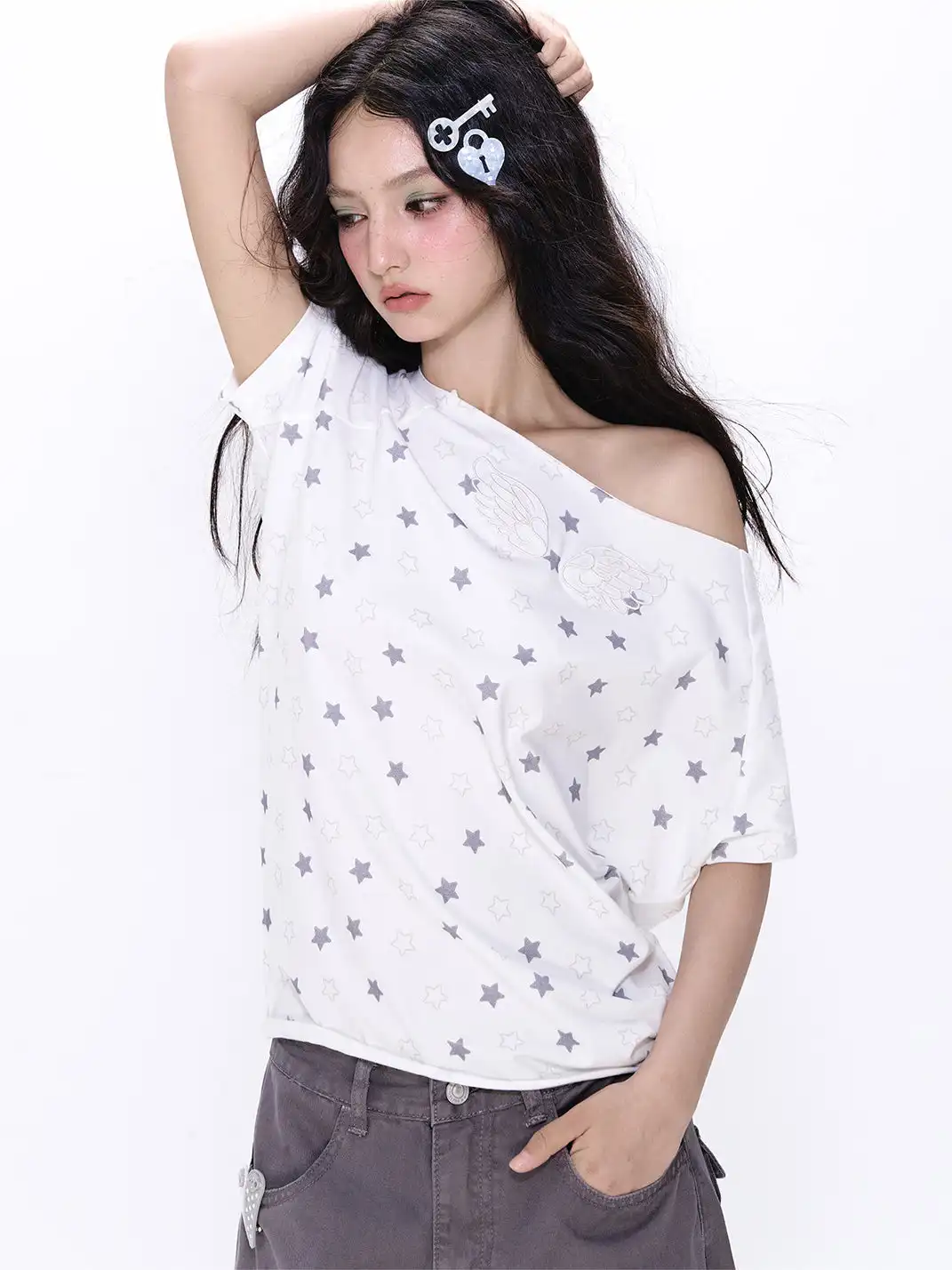 NECYSTUDIO | Allover Star Print Off-the-Shoulder Short Sleeve Top
