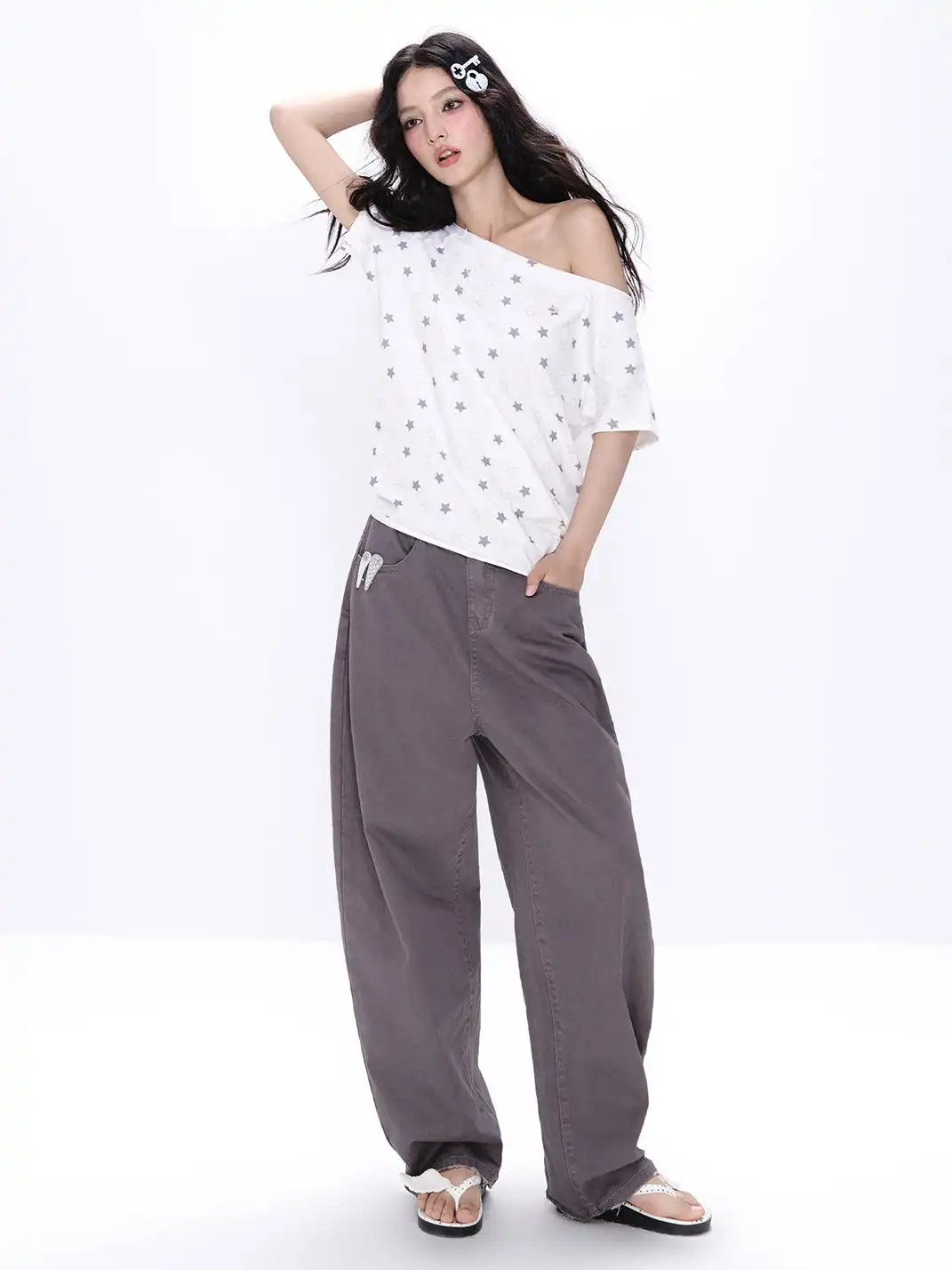 NECYSTUDIO | Allover Star Print Off-the-Shoulder Short Sleeve Top