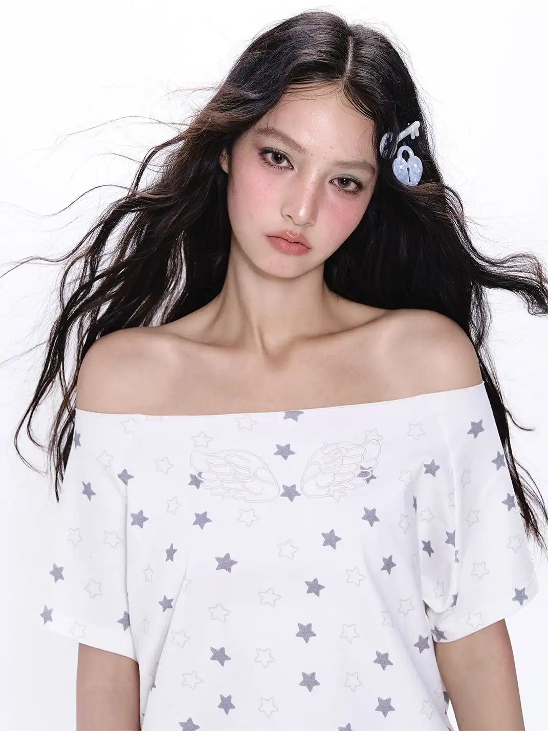 NECYSTUDIO | Allover Star Print Off-the-Shoulder Short Sleeve Top