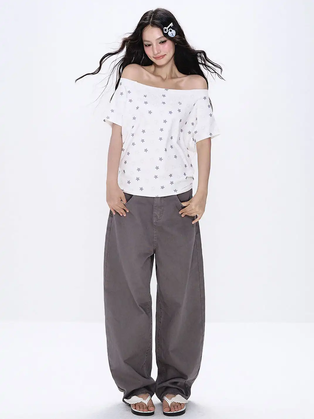 NECYSTUDIO | Allover Star Print Off-the-Shoulder Short Sleeve Top
