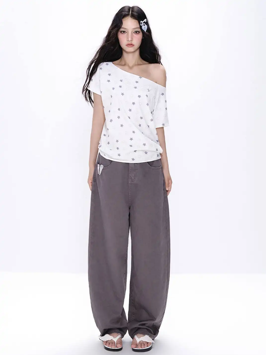 NECYSTUDIO | Allover Star Print Off-the-Shoulder Short Sleeve Top