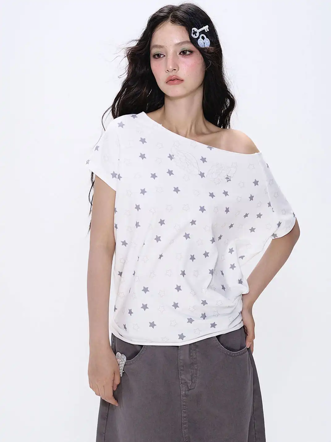 NECYSTUDIO | Allover Star Print Off-the-Shoulder Short Sleeve Top