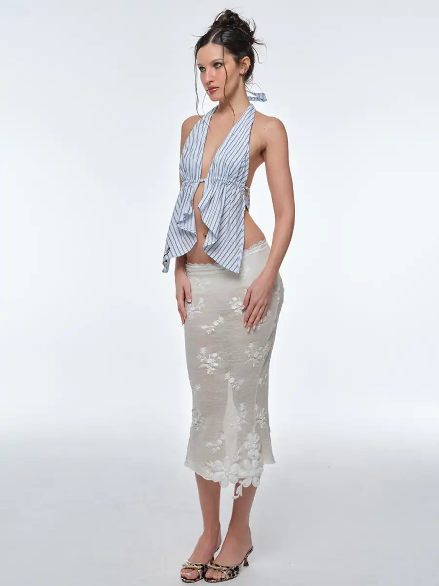 BUM STUDIO | Lace Embroidery Patch Mermaid Midi Skirt - 2