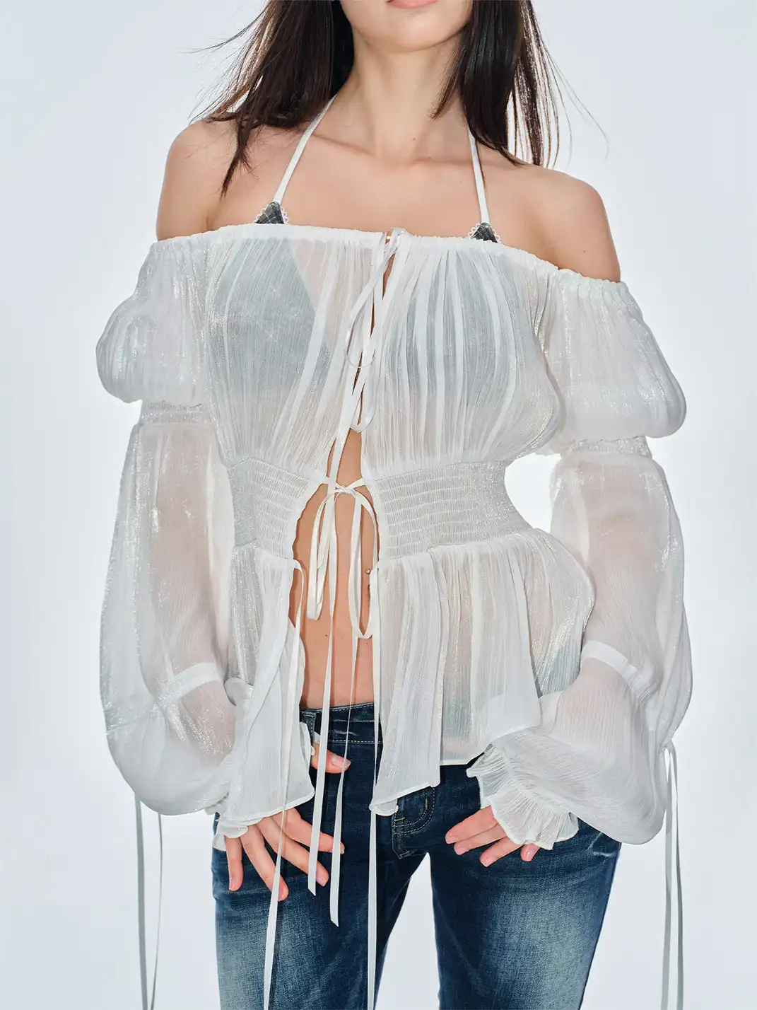 BUM STUDIO | Pleated Sheer Chiffon Waist-tied Top