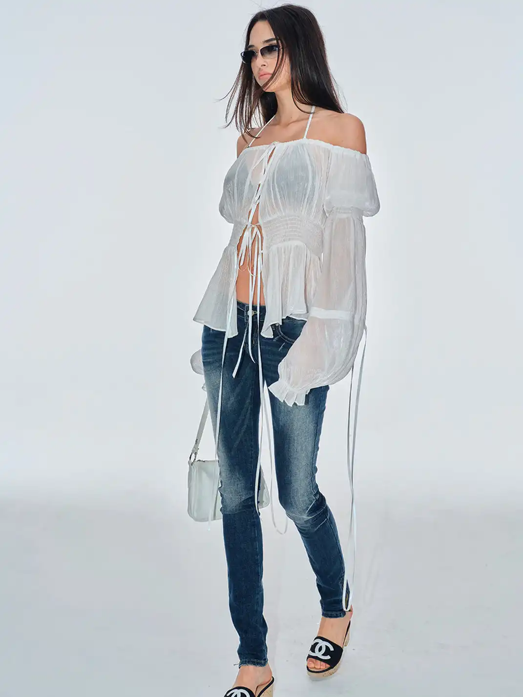 BUM STUDIO | Pleated Sheer Chiffon Waist-tied Top