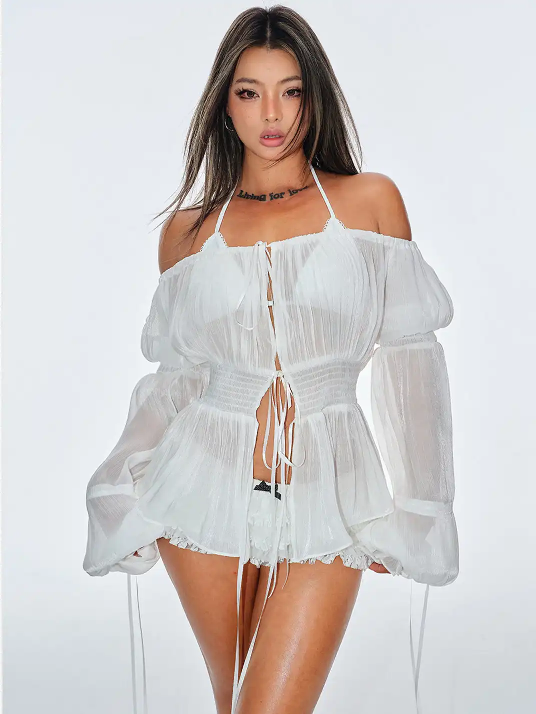 BUM STUDIO | Pleated Sheer Chiffon Waist-tied Top