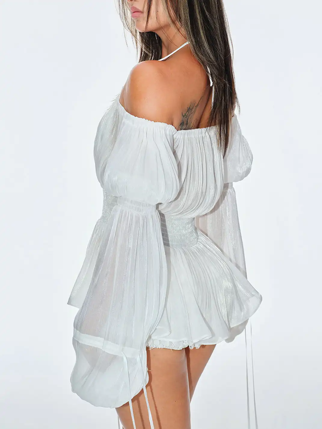 BUM STUDIO | Pleated Sheer Chiffon Waist-tied Top