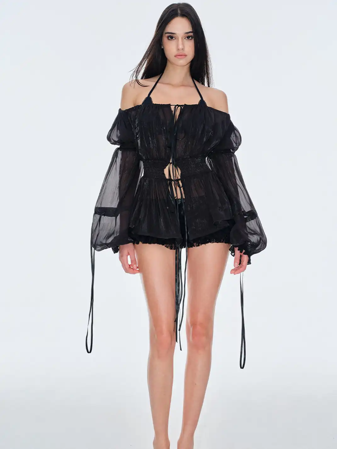 BUM STUDIO | Pleated Sheer Chiffon Waist-tied Top