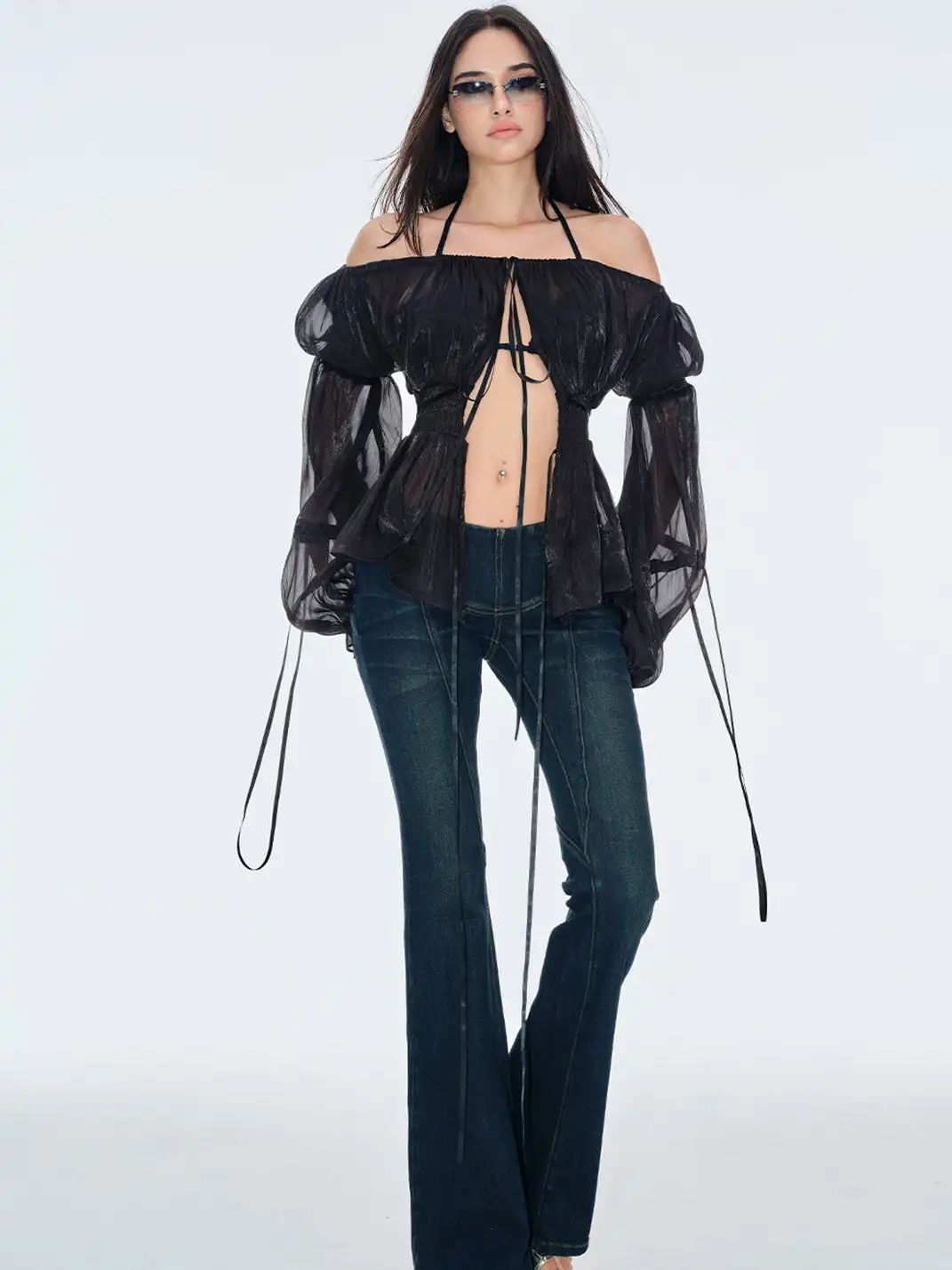 BUM STUDIO | Pleated Sheer Chiffon Waist-tied Top