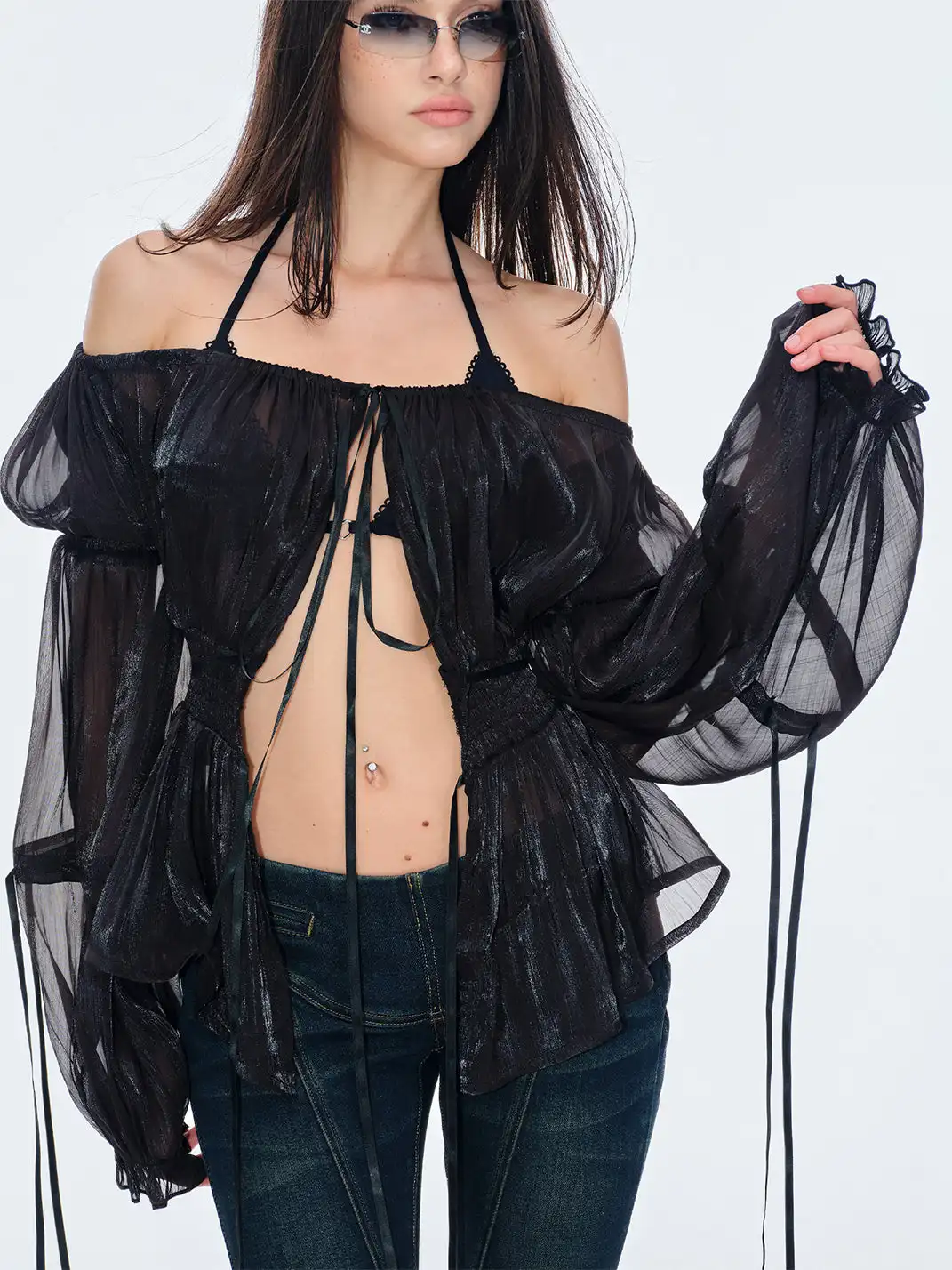 BUM STUDIO | Pleated Sheer Chiffon Waist-tied Top