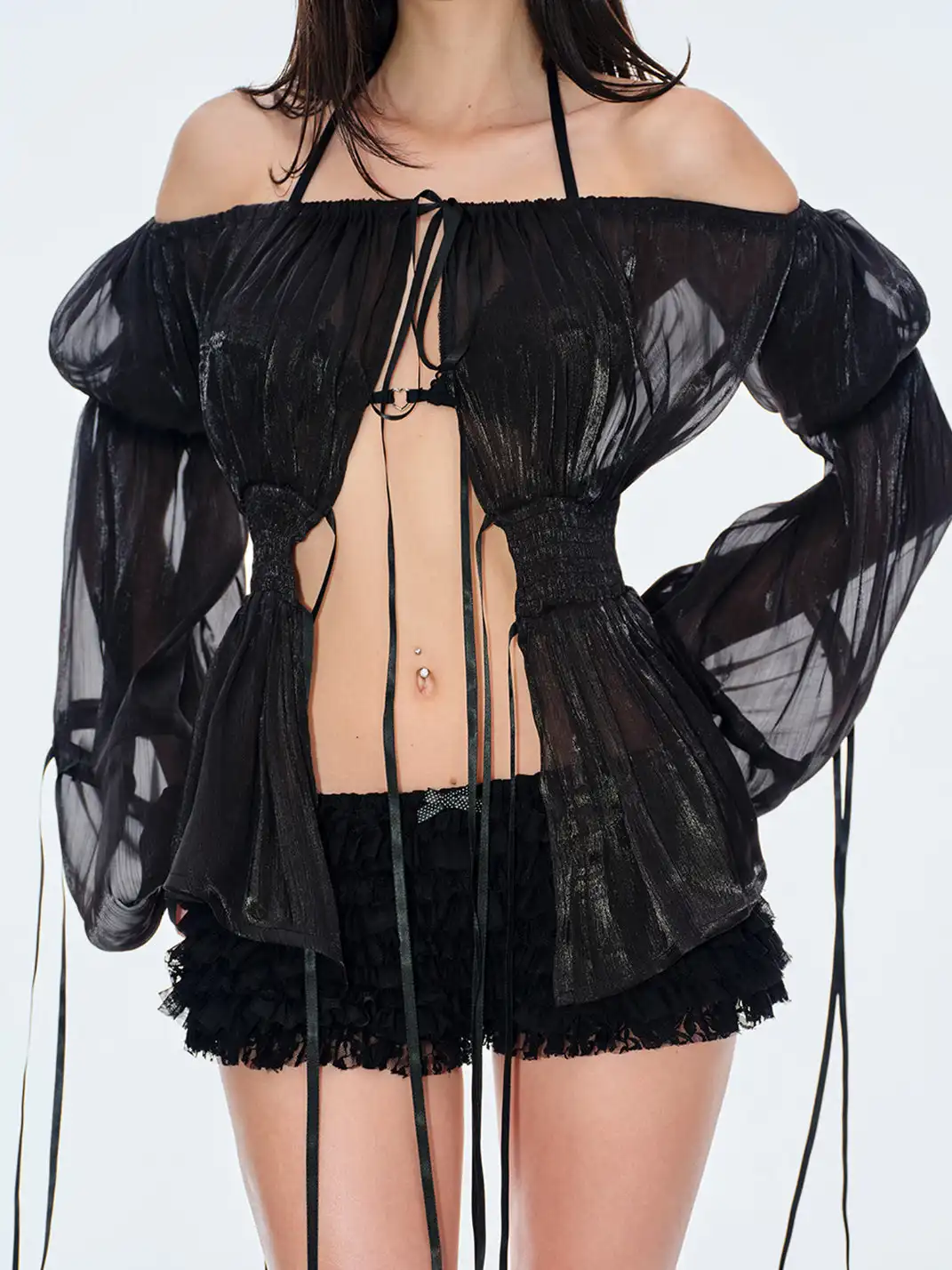 BUM STUDIO | Pleated Sheer Chiffon Waist-tied Top