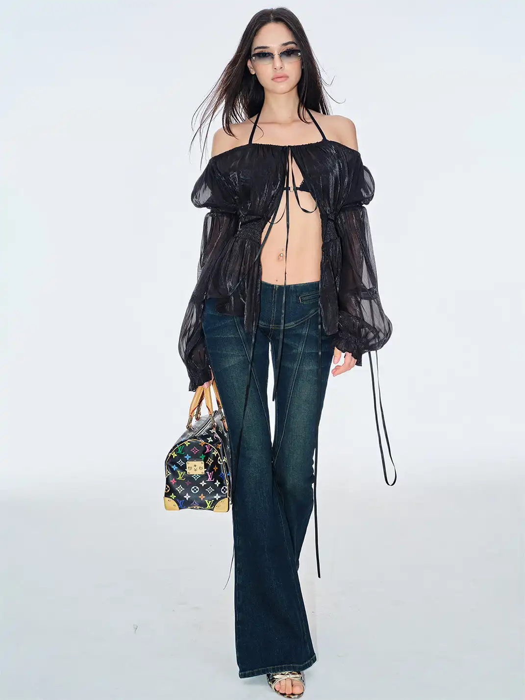 BUM STUDIO | Pleated Sheer Chiffon Waist-tied Top