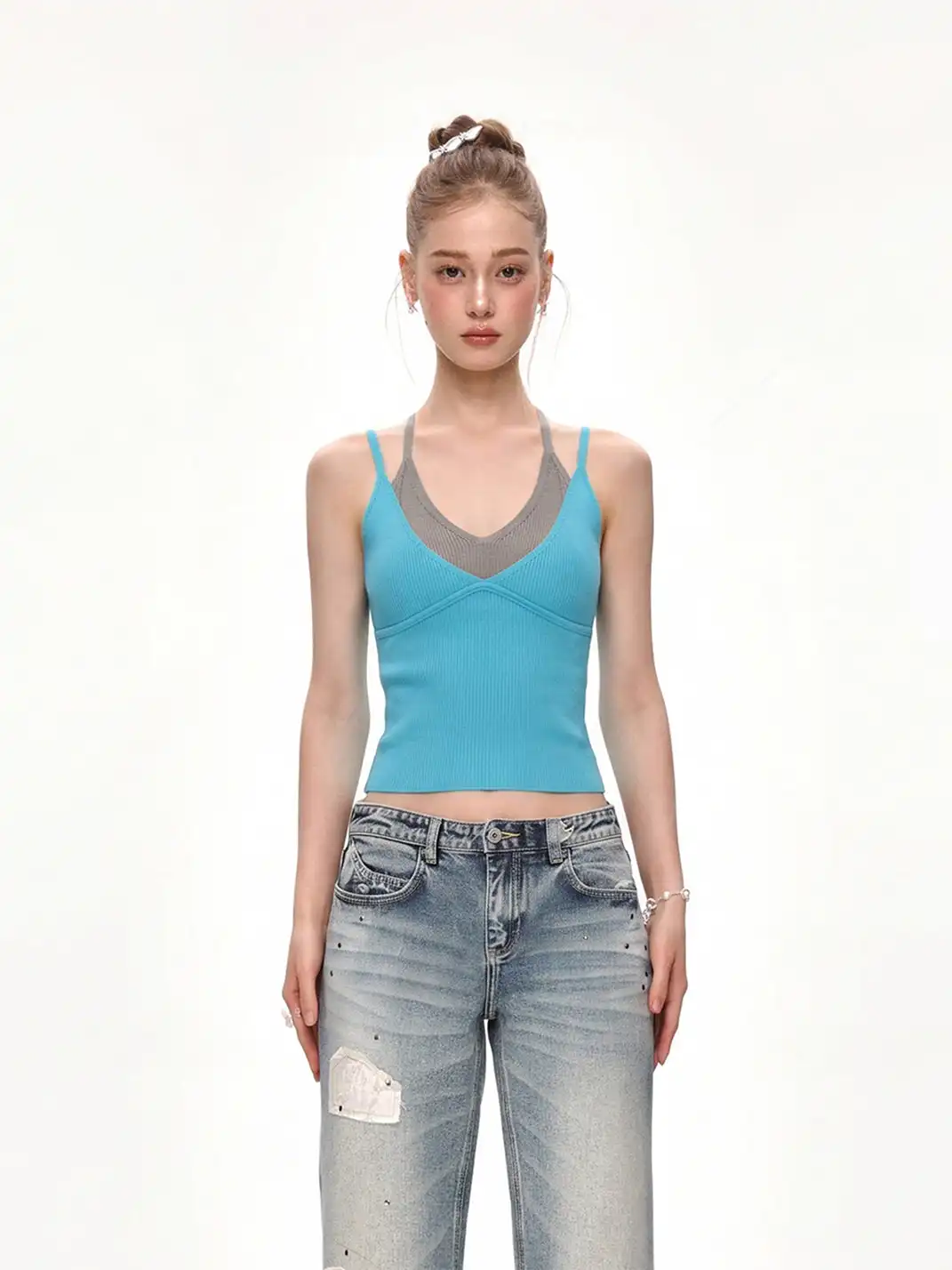 SHIYIYUE | Color-blocked Faux Two-Piece Cami Top