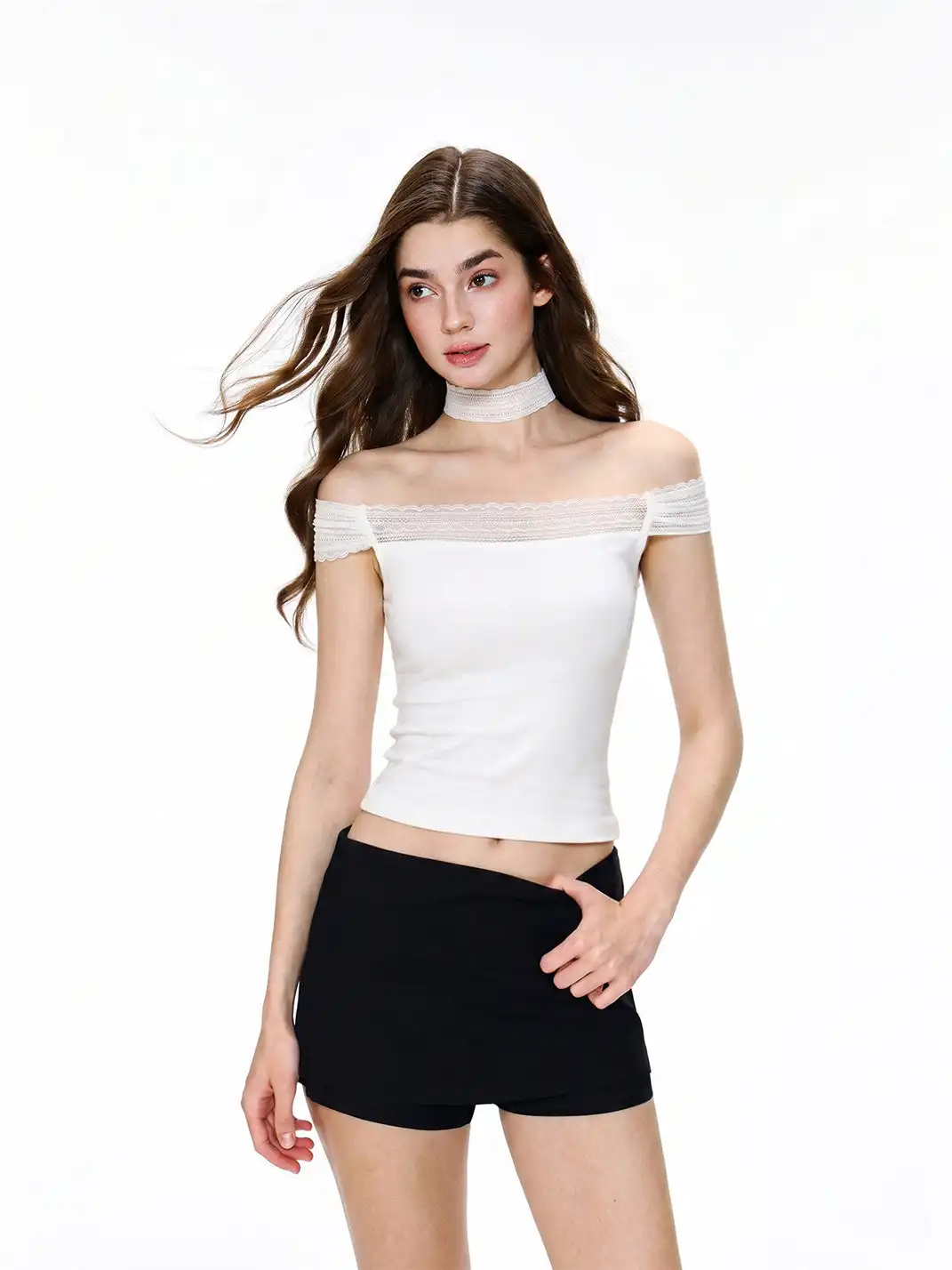 SHIYIYUE | Lace Spliced Off-Shoulder Short Sleeve T-Shirt