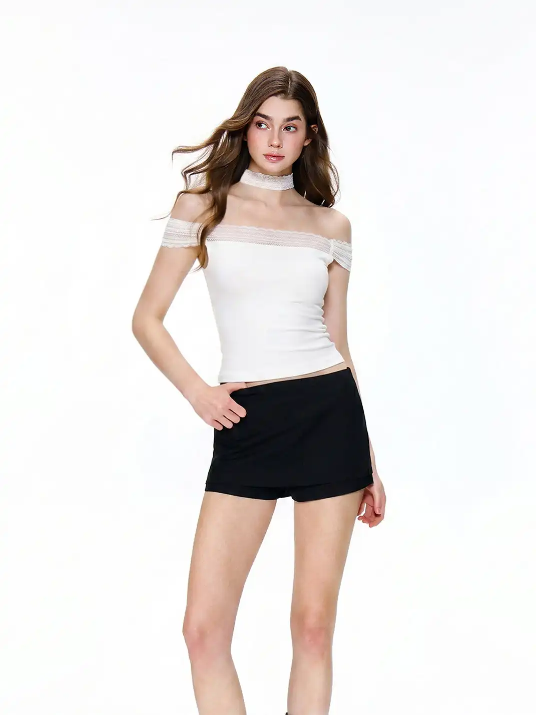 SHIYIYUE | Lace Spliced Off-Shoulder Short Sleeve T-Shirt