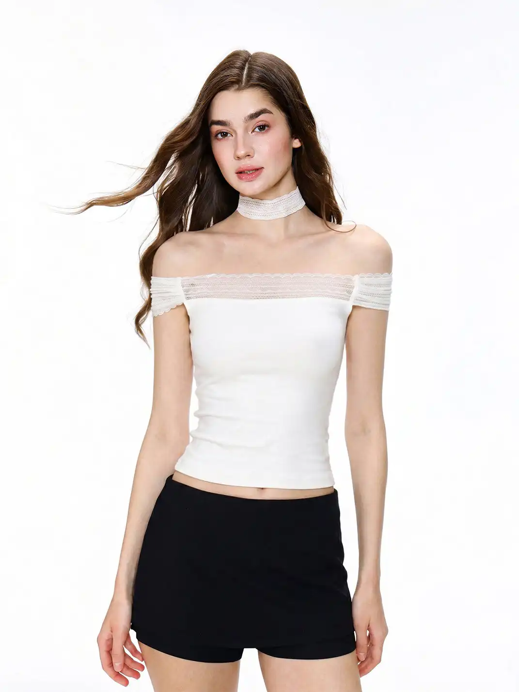 SHIYIYUE | Lace Spliced Off-Shoulder Short Sleeve T-Shirt