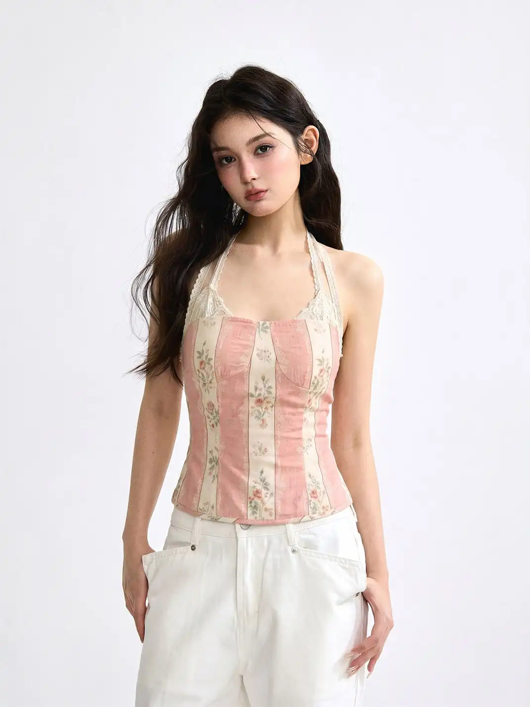 SHIYIYUE | Lace Spliced Floral Halter Sleeveless Top