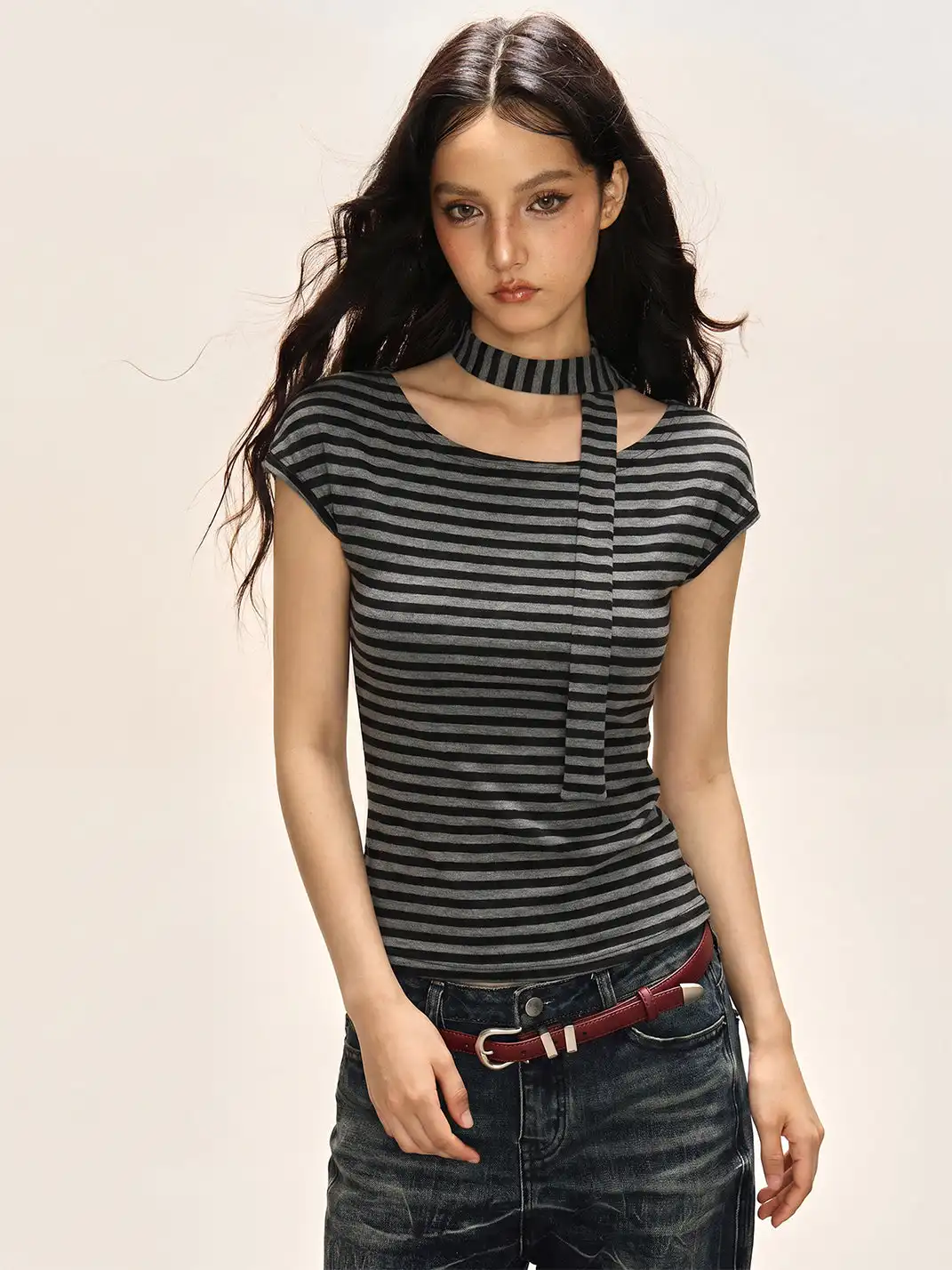 SHIYIYUE | Striped Off-Shoulder Tie Strap T-Shirt