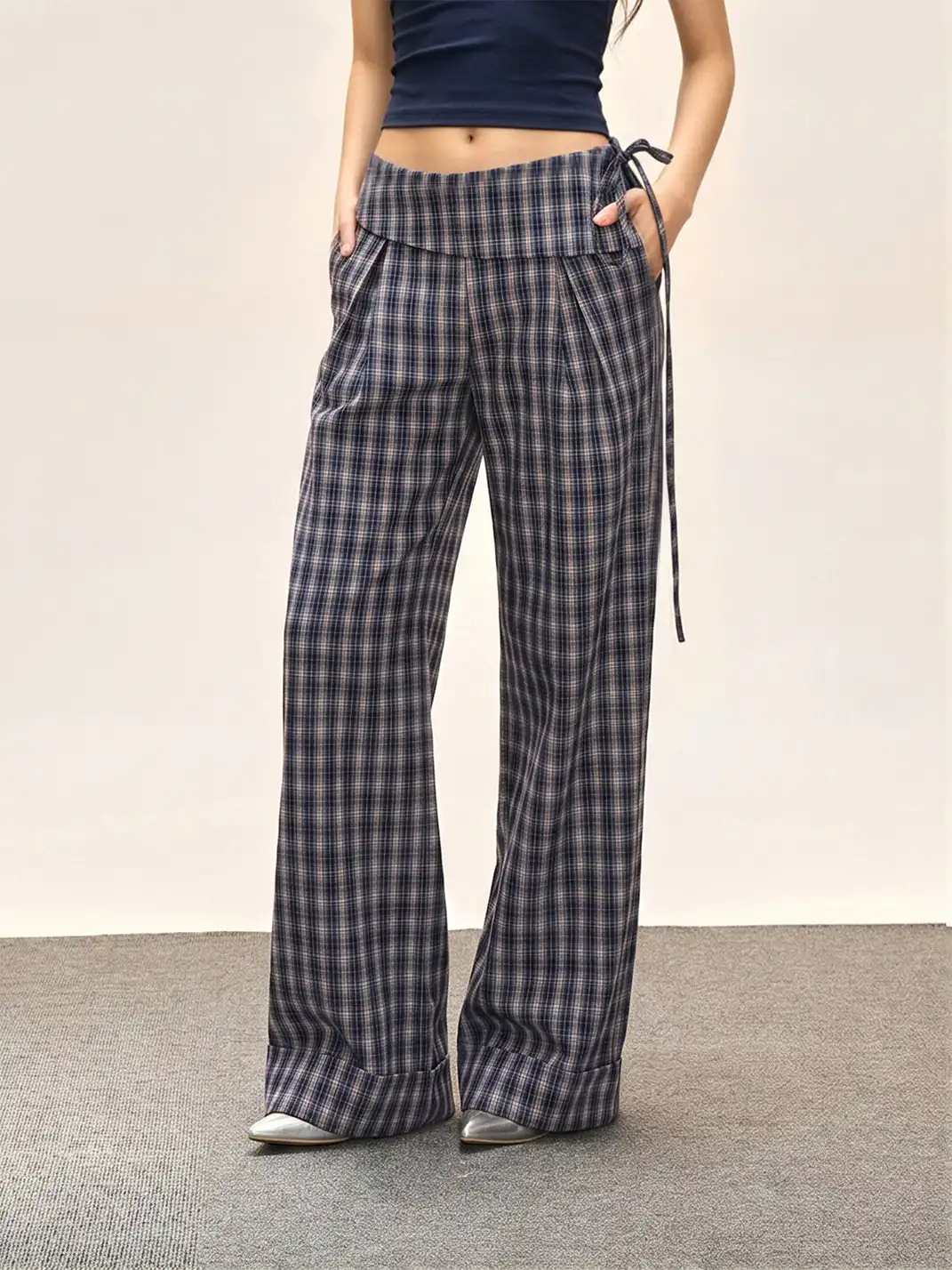 SHIYIYUE | Cuffed Waist Plaid Wide-Leg Straight Pants