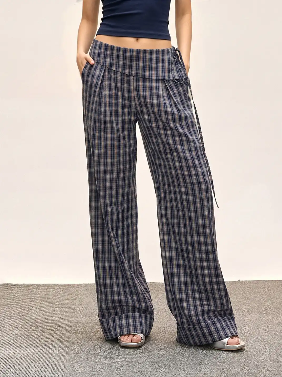 SHIYIYUE | Cuffed Waist Plaid Wide-Leg Straight Pants