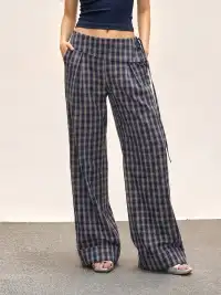 SHIYIYUE | Cuffed Waist Plaid Wide-Leg Straight Pants